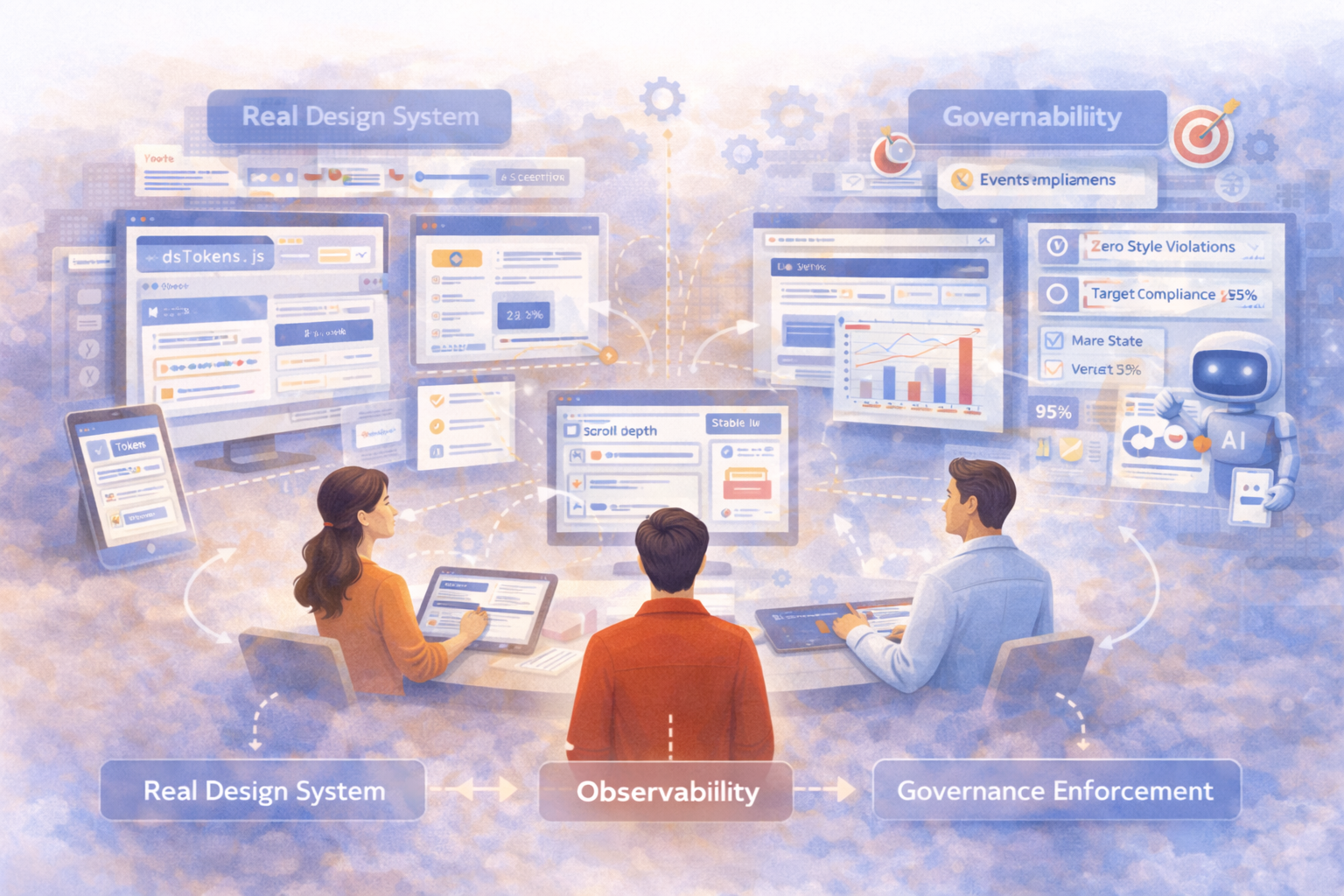 Illustration of governed product systems, observability, and intelligent interfaces